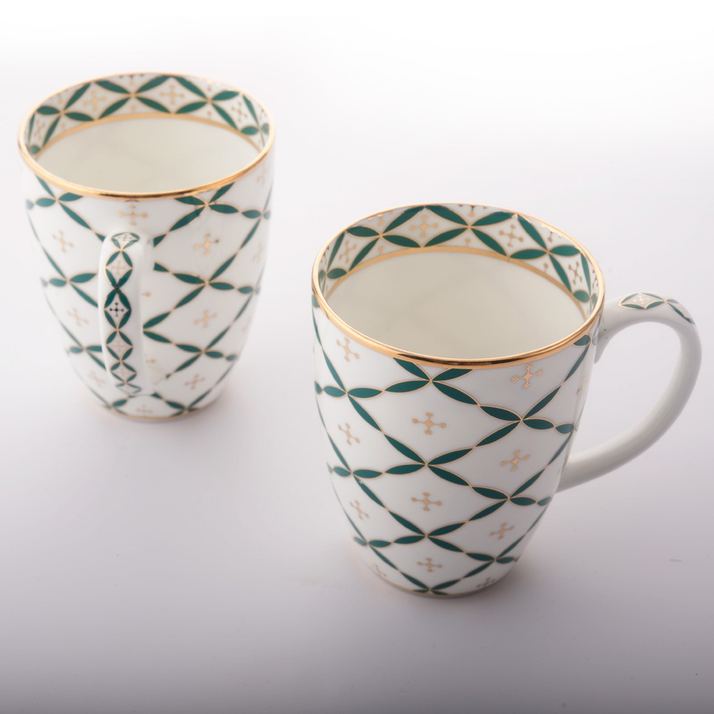 Kaunteya Jyamiti Premium Coffee Mug- Lightweight, fine bone china, tableware, luxury coffee mug, set of 2, 24K gold plated, beautiful green and white crockery.