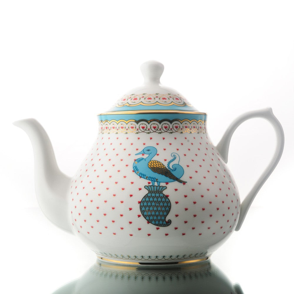 Kaunteya Dasara Premium Tea Pot- Lightweight, fine bone china, tableware, luxury tea pot, 24K gold plated, beautiful blue and white crockery with royal blue bird design.