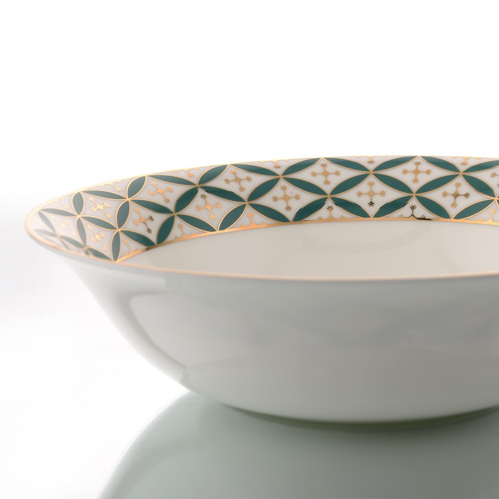 Kaunteya Jyamiti Premium Serving Bowl Lightweight, fine bone china, tableware, luxury serving bowl, 24K gold plated, beautiful green and white crockery.