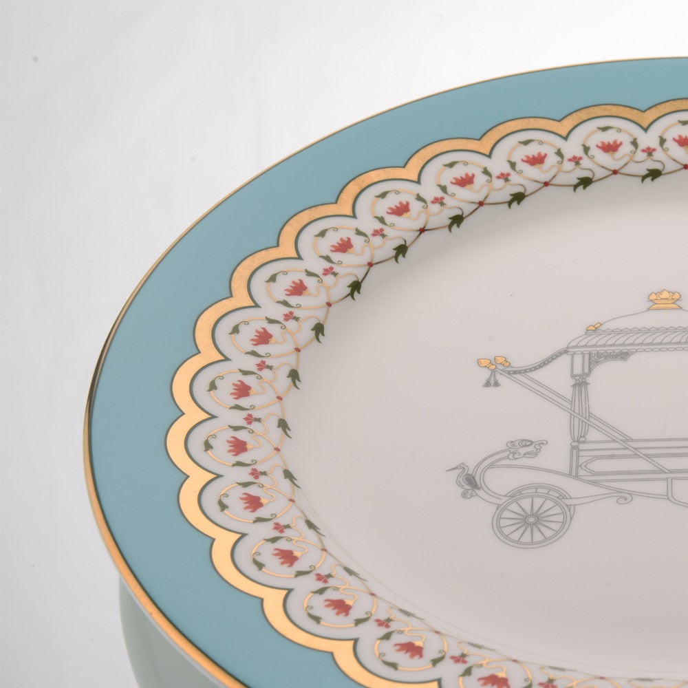 Kaunteya Dasara Premium Charger Plate- Lightweight, fine bone china, tableware, luxury charger plate, 24K gold plated, beautiful blue and white crockery with a chariot design at the centre.