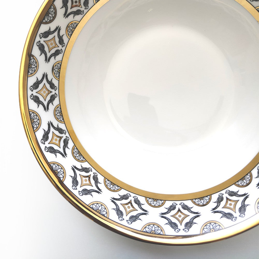 Kaunteya Byah Premium Serving Bowl- Lightweight, fine bone china, tableware, luxury serving bowl, 24K gold plated, Phad art, beautiful white, black and gold crockery with intricate design at the border.