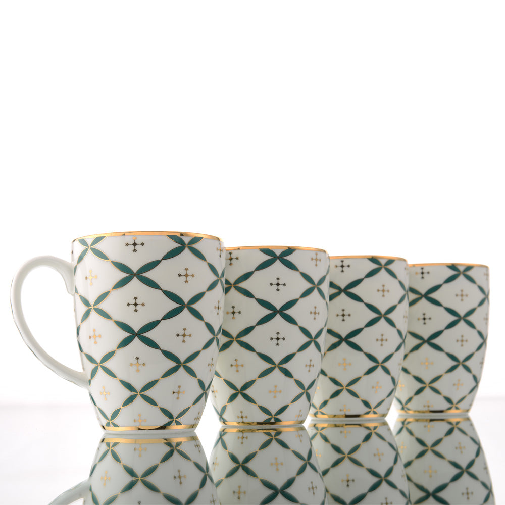 Kaunteya Jyamiti Premium Gift Set- Lightweight, fine bone china, tableware, luxury 4 coffee mugs with a gift box, 24K gold plated, beautiful green and white crockery.