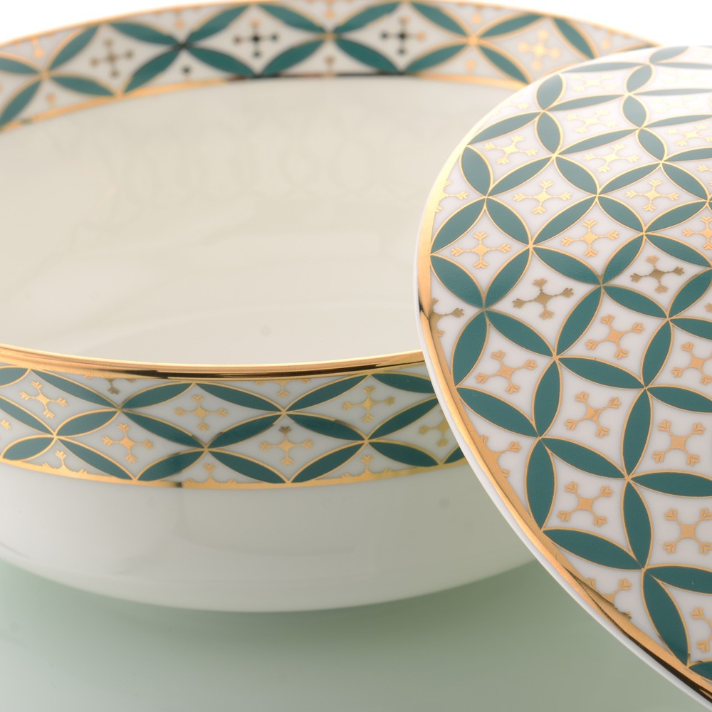 Kaunteya Jyamiti Premium Serving Bowl with Lid- Lightweight, fine bone china, tableware, luxury serving bowl with lid, 3 portions, 24K gold plated, beautiful green and white crockery.