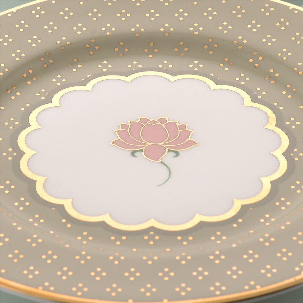 Kaunteya Pichwai Premium Side Plate- Lightweight, fine bone china, tableware, luxury side plate, set of 2, 24K gold plated, beautiful white and green crockery with intricately designed pink lotus.