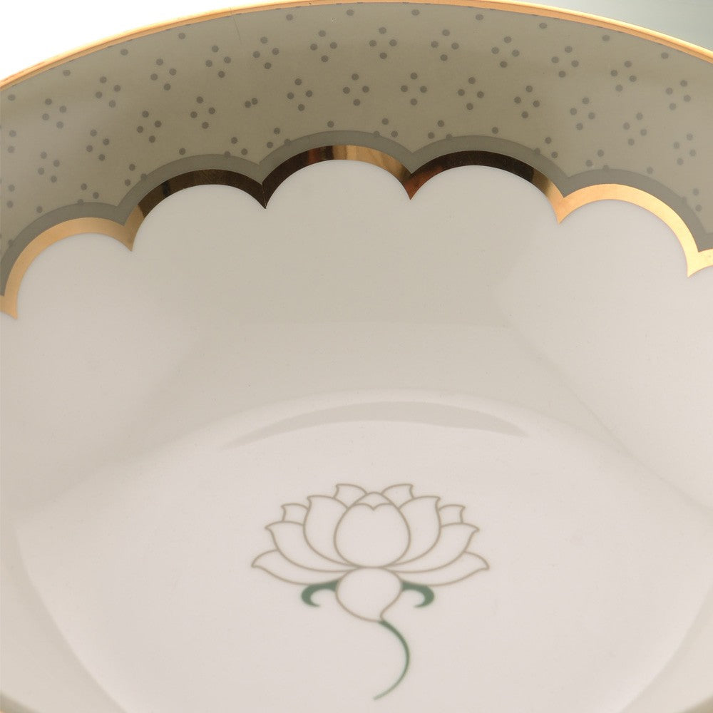 Kaunteya Pichwai Premium Serving Bowl- Lightweight, fine bone china, tableware, luxury serving bowl, 24K gold plated, beautiful white and green crockery with intricately designed lotus.