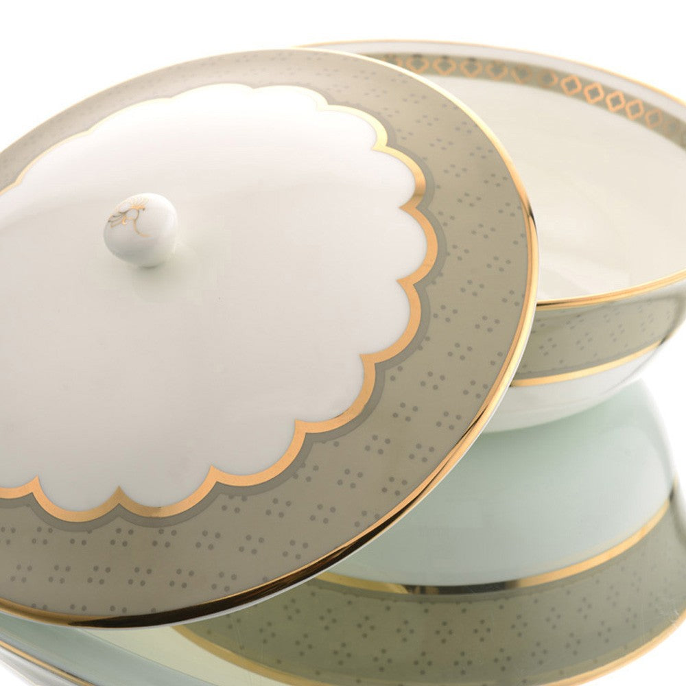 Kaunteya Pichwai Premium Serving Bowl with Lid- Lightweight, fine bone china, tableware, luxury serving bowl with lid, 3 portions, 24K gold plated, beautiful white and green crockery. 