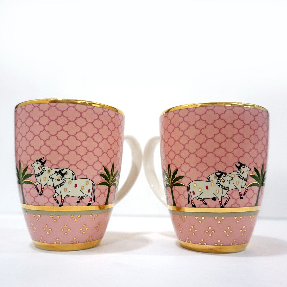 Kaunteya Pichwai Premium Coffee Mug- Lightweight, fine bone china, tableware, luxury coffee mug, pink, set of 2, 24K gold plated, beautiful gold and pink crockery with intricately designed cows.