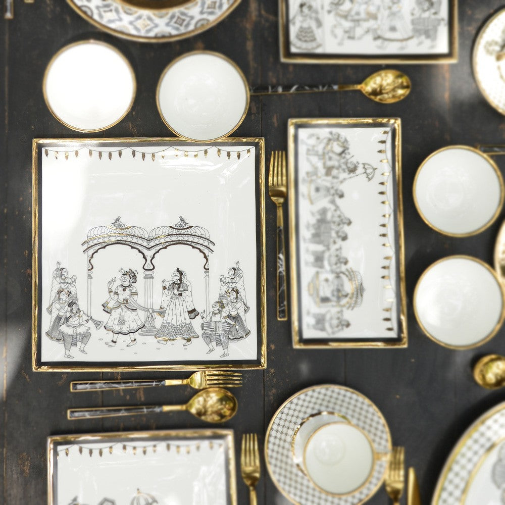 Kaunteya Byah Premium Big Square Platter- Lightweight, fine bone china, tableware, luxury big square platter, 24K gold plated, Phad art, beautiful white, black and gold crockery with intricate black and gold wedding design.