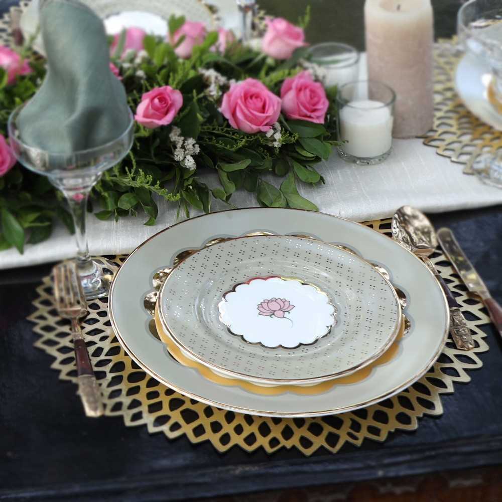 Kaunteya Pichwai Premium Side Plate- Lightweight, fine bone china, tableware, luxury side plate, set of 2, 24K gold plated, beautiful white and green crockery with intricately designed pink lotus.