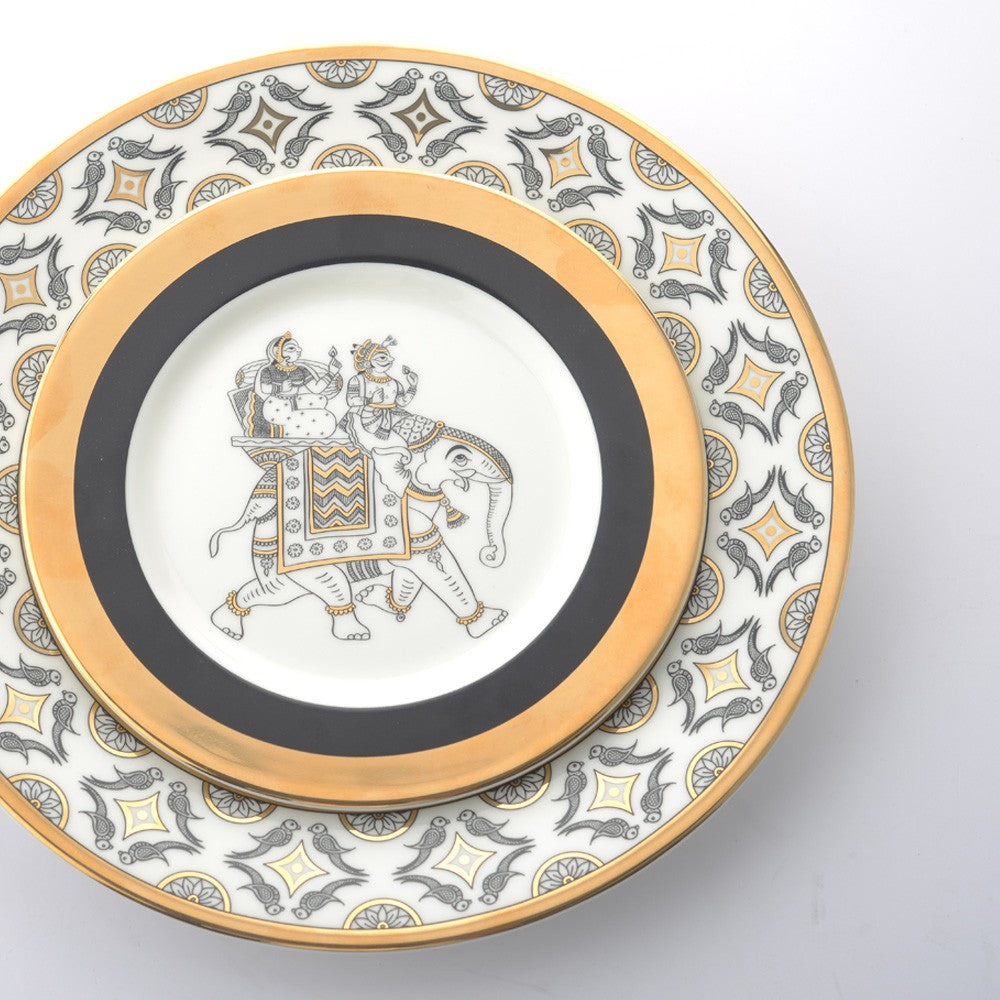 Kaunteya Byah Premium Side Plate- Lightweight, fine bone china, tableware, luxury side plate, set of 2, 24K gold plated, Phad art, beautiful white, black and gold crockery with intricate black and gold wedding design.