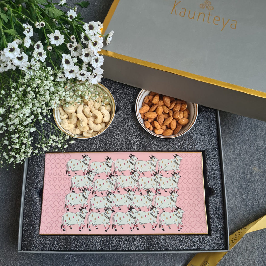 Kaunteya Pichwai Premium Gift Set- Lightweight, fine bone china, tableware, luxury pink cookie plate, 2 soup bowls, gift box, 24K gold plated, beautiful pink and white crockery with intricately designed cows and lotuses.