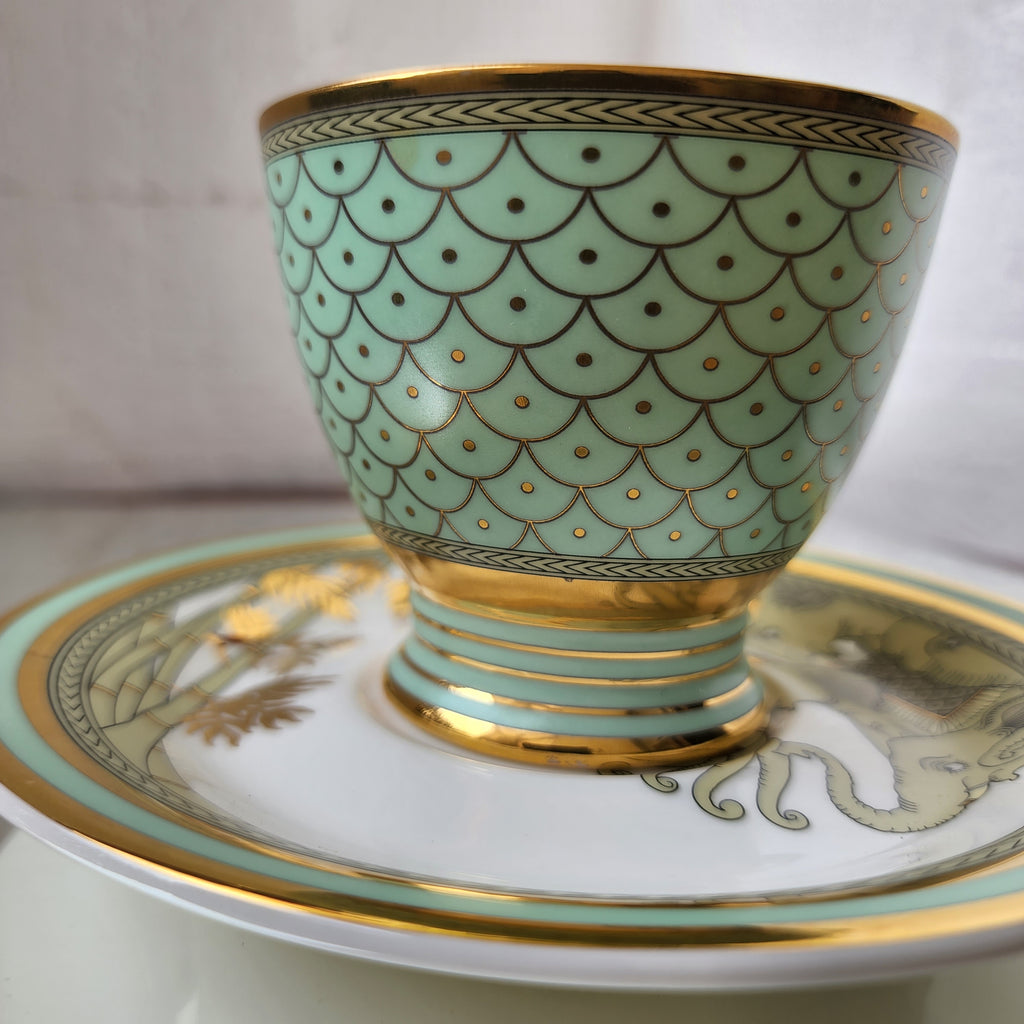 Kaunteya Airavata Premium Tea Cup Saucer- Lightweight, fine bone china, tableware, luxury tea cup saucer, set of 2, 24K gold plated, Pattachitra art, beautiful green and white crockery with intricate designs.