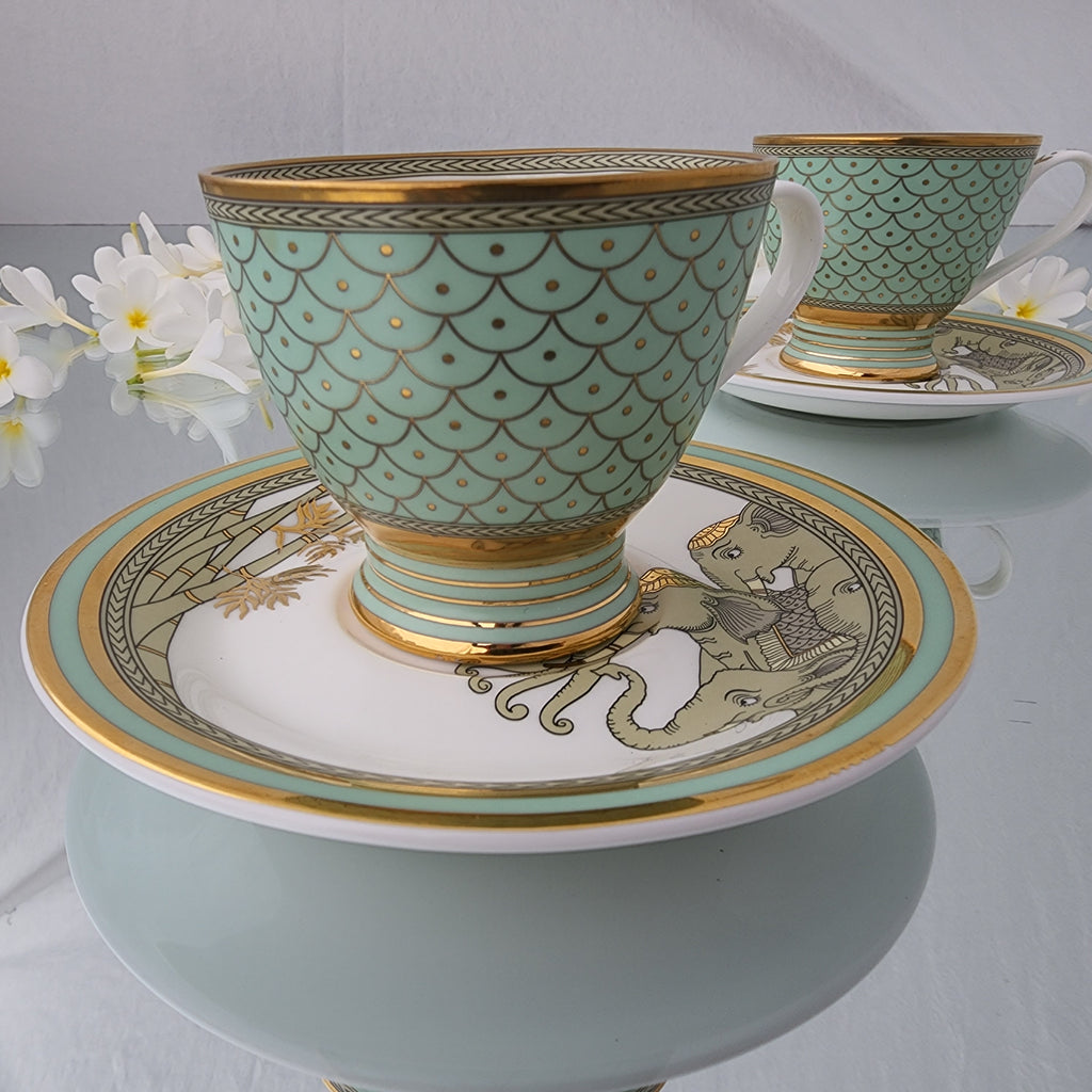 Kaunteya Airavata Premium Tea Cup Saucer- Lightweight, fine bone china, tableware, luxury tea cup saucer, set of 2, 24K gold plated, Pattachitra art, beautiful green and white crockery with intricate designs.