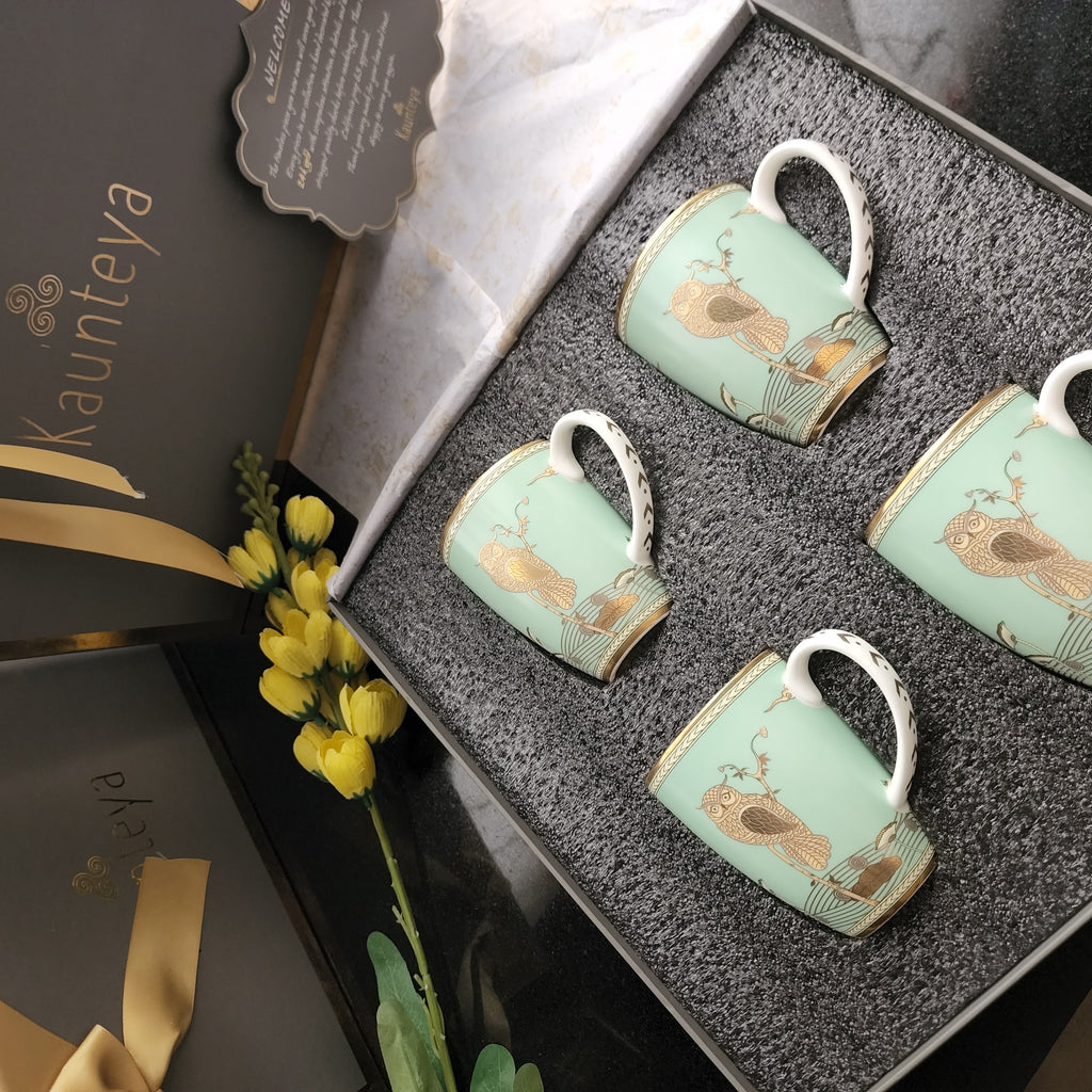 Kaunteya Airavata Premium Gift Set- Lightweight, fine bone china, tableware, luxury 4 green coffee mugs with a gift box, 24K gold plated, Pattachitra art, beautiful gold and green crockery with intricately designed gold owls.