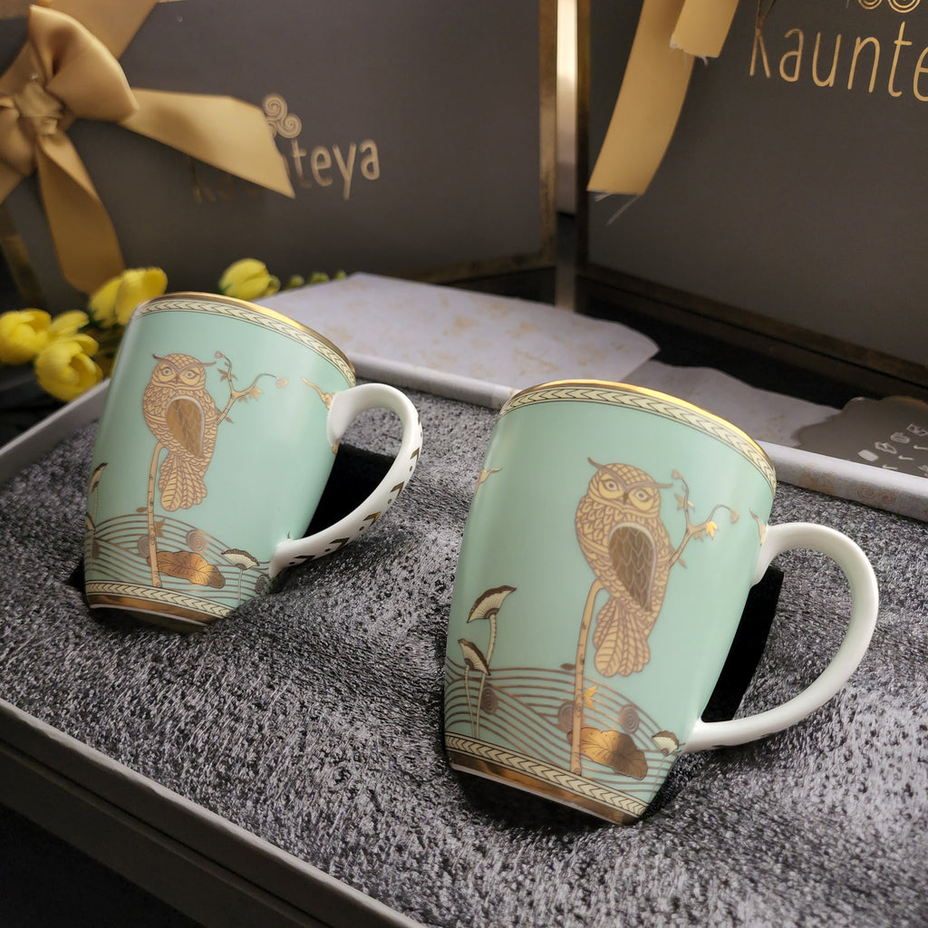 Kaunteya Airavata Premium Gift Set- Lightweight, fine bone china, tableware, luxury 2 green coffee mugs with a gift box, 24K gold plated, Pattachitra art, beautiful green and gold crockery with intricately designed gold owl.