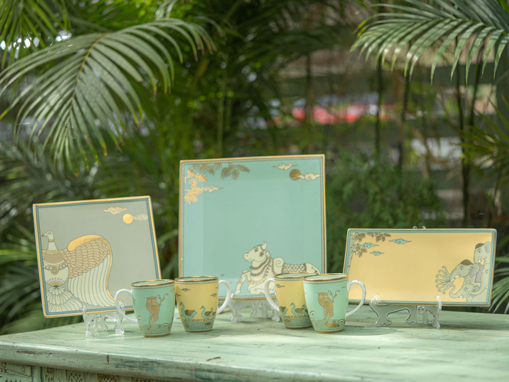 Kaunteya Airavata Premium Coffee Set- Lightweight, fine bone china, tableware, luxury coffee set, green, 9  piecces, 24K gold plated, Pattachitra art, beautiful gold and green crockery with intricate designs. 