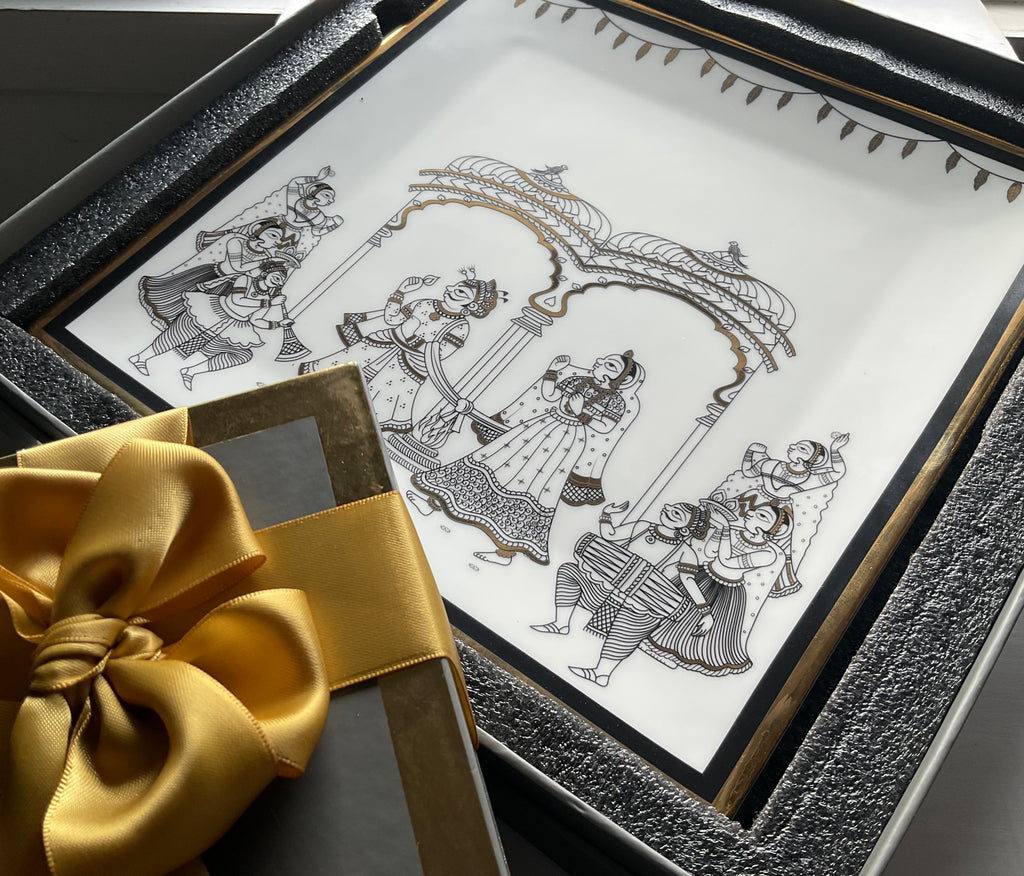 Kaunteya Byah Premium Gift Set- Lightweight, fine bone china, tableware, luxury big square platter with a gift box, 24K gold plated, Phad art, beautiful white, black and gold crockery with intricate black and gold wedding design.