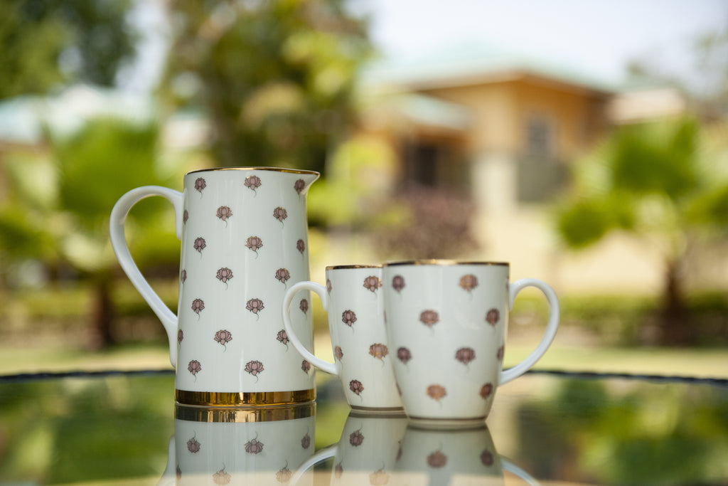 Kaunteya Pichwai Premium Coffee Mug- Lightweight, fine bone china, tableware, luxury coffee mugs, set of 2, 24K gold plated, beautiful white and gold crockery with intricately designed pink lotuses.