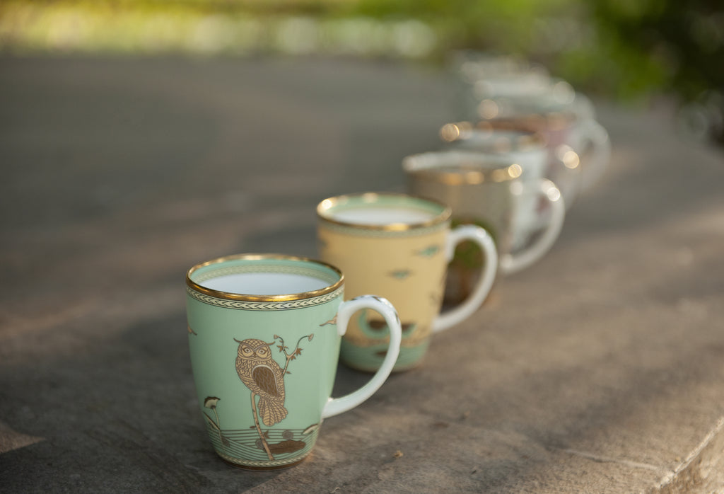 Kaunteya Airavata Premium Coffee Mug Green- Lightweight, fine bone china, tableware, luxury coffee mug, green, set of 2, 24K gold plated, Pattachitra art, beautiful green and gold crockery with intricately designed gold owl.