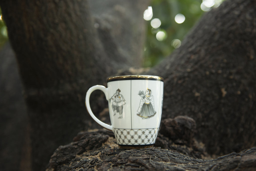 Kaunteya Byah Premium Coffee Mug- Lightweight, fine bone china, tableware, luxury coffee mug, set of 2, 24K gold plated, Phad art, beautiful white, black and gold crockery with intricate black and gold wedding design.