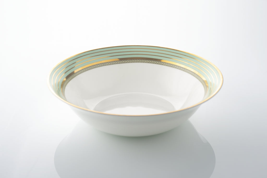  Kaunteya Airavata Premium Serving Bowl- Lightweight, fine bone china, tableware, luxury serving bowl, 24K gold plated, Pattachitra art, beautiful green, white and gold crockery. 