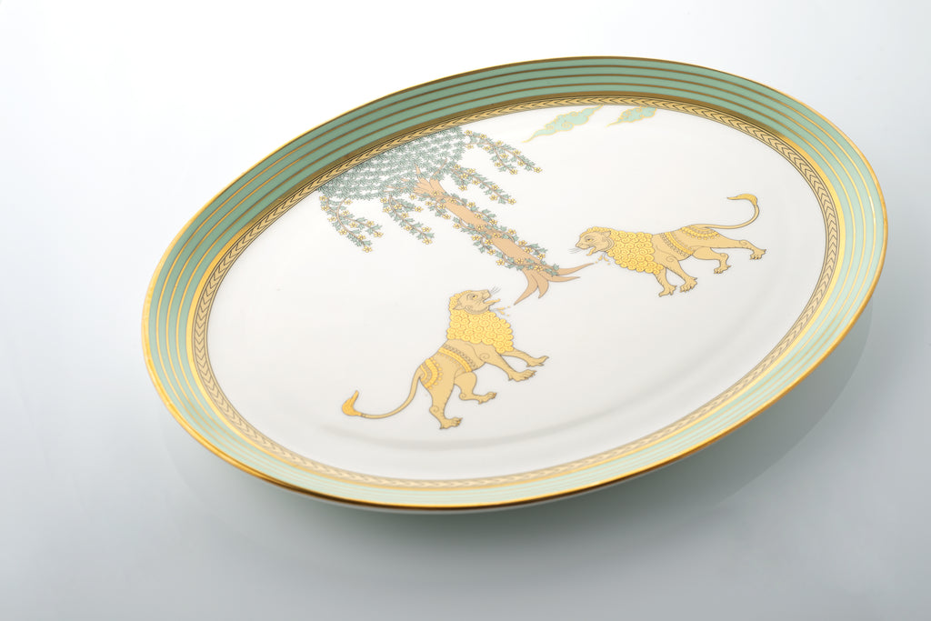 Kaunteya Airavata Premium Oval Platter- Lightweight, fine bone china, tableware, luxury oval platter, 24K gold plated, Pattachitra art, beautiful green and white crockery with intricately designed gold Simha (lion).