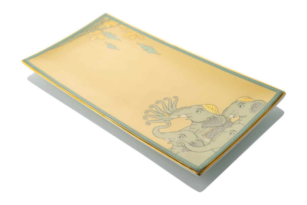 Kaunteya Airavata Premium Gift Set- Lightweight, fine bone china, tableware, luxury cookie plate with a gift box, 24K gold plated, Pattachitra art, beautiful yellow and gold crockery with intricately designed green elephants.