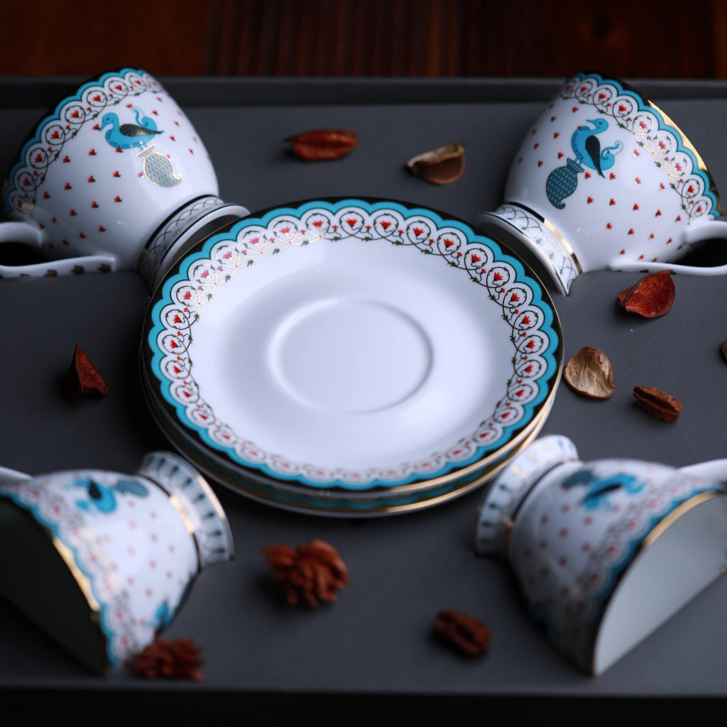 Kaunteya Dasara Premium Gift Set- Lightweight, fine bone china, tableware, set of tea cups and saucer with a gift box, 24K gold plated, beautiful blue and white crockery with royal blue bird design.