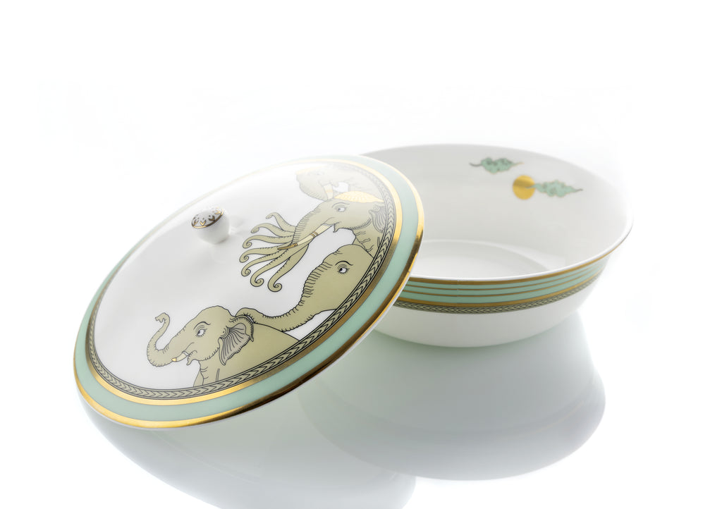 Kaunteya Airavata Premium Serving Bowl with Lid- Lightweight, fine bone china, tableware, luxury serving bowl with lid, 2 portion, 24K gold plated, Pattachitra art, beautiful green and white crockery with intricately designed elephants.